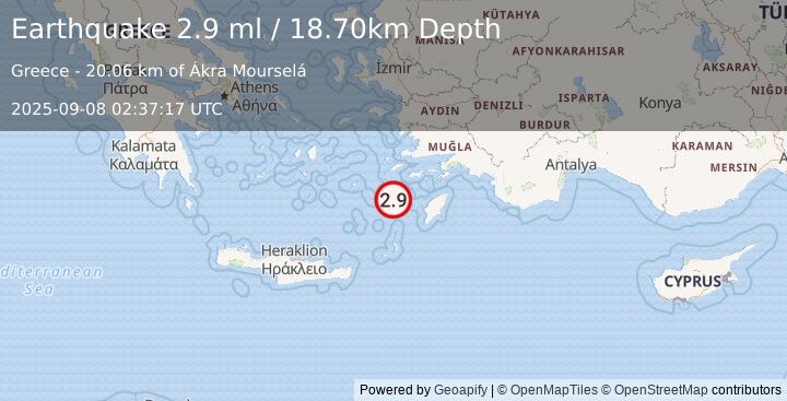 Earthquake DODECANESE IS.-TURKEY BORDER REG (2.9 ml) (2025-09-08 02:37:17 UTC)