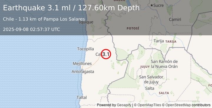 Earthquake ANTOFAGASTA, CHILE (3.1 ml) (2025-09-08 02:57:37 UTC)