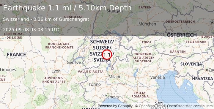 Earthquake SWITZERLAND (1.1 ml) (2025-09-08 03:08:15 UTC)