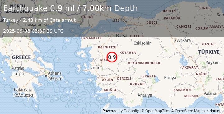 Earthquake WESTERN TURKEY (0.9 ml) (2025-09-08 03:37:39 UTC)