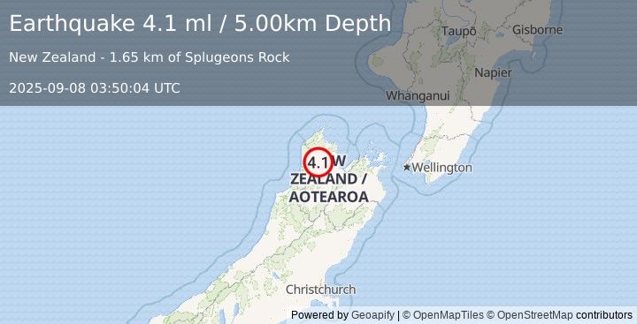 Earthquake SOUTH ISLAND OF NEW ZEALAND (4.1 ml) (2025-09-08 03:50:04 UTC)