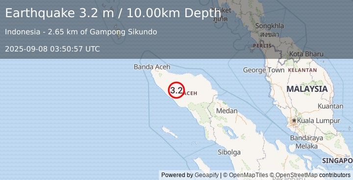 Earthquake NORTHERN SUMATRA, INDONESIA (3.2 m) (2025-09-08 03:50:57 UTC)