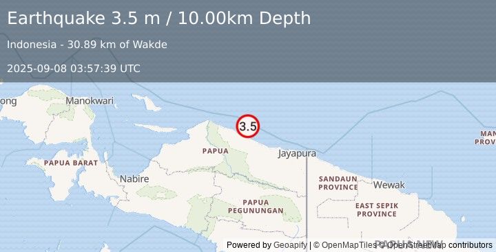 Earthquake NEAR N COAST OF PAPUA, INDONESIA (3.5 m) (2025-09-08 03:57:39 UTC)