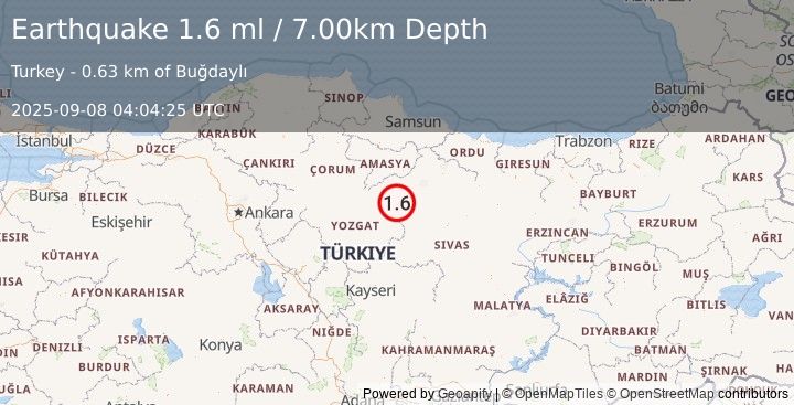 Earthquake CENTRAL TURKEY (1.6 ml) (2025-09-08 04:04:25 UTC)