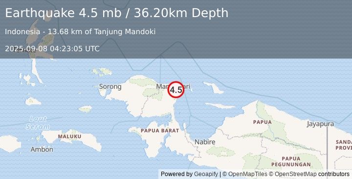 Earthquake NEAR N COAST OF PAPUA, INDONESIA (4.5 mb) (2025-09-08 04:23:05 UTC)