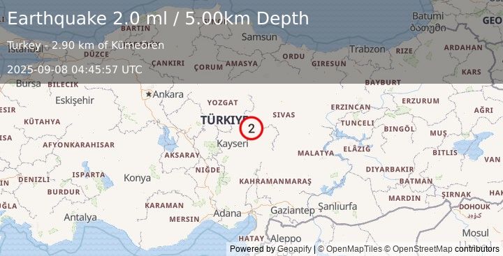 Earthquake CENTRAL TURKEY (2.0 ml) (2025-09-08 04:45:57 UTC)