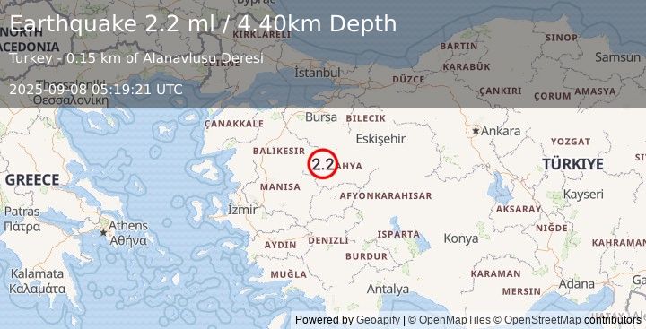 Earthquake WESTERN TURKEY (2.2 ml) (2025-09-08 05:19:21 UTC)