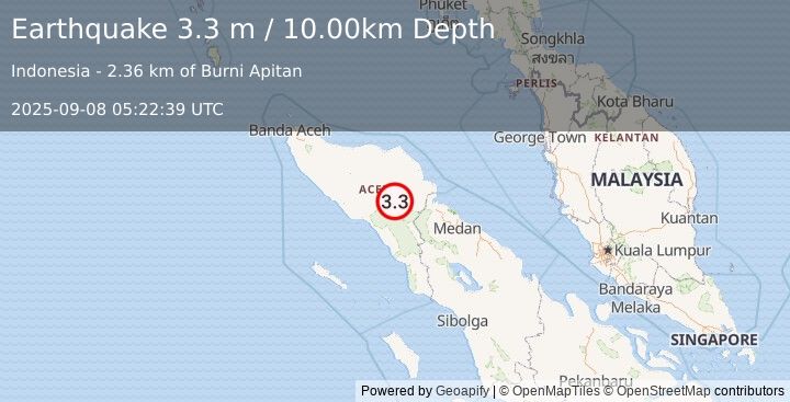 Earthquake NORTHERN SUMATRA, INDONESIA (3.3 m) (2025-09-08 05:22:39 UTC)
