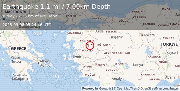 Earthquake WESTERN TURKEY (1.1 ml) (2025-09-08 05:24:46 UTC)