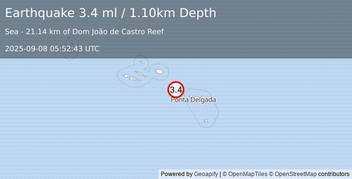 Earthquake AZORES ISLANDS, PORTUGAL (3.4 ml) (2025-09-08 05:52:43 UTC)