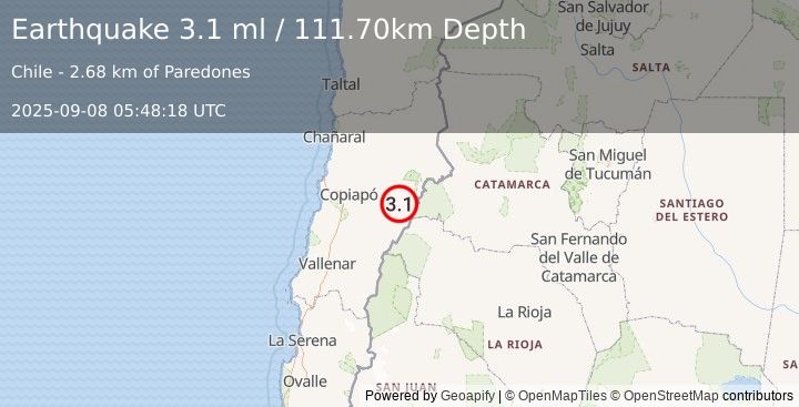 Earthquake ATACAMA, CHILE (3.1 ml) (2025-09-08 05:48:18 UTC)