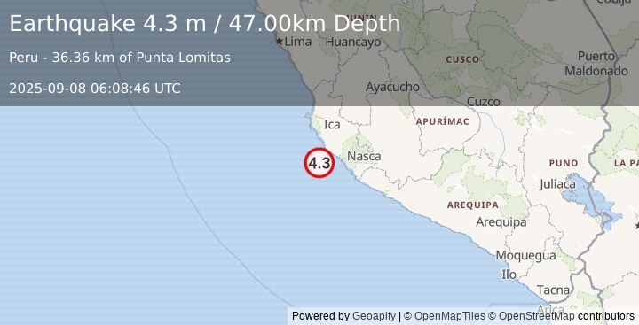 Earthquake NEAR COAST OF CENTRAL PERU (4.3 m) (2025-09-08 06:08:46 UTC)