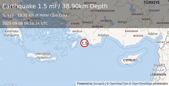 Earthquake DODECANESE IS.-TURKEY BORDER REG (1.5 ml) (2025-09-08 06:28:34 UTC)