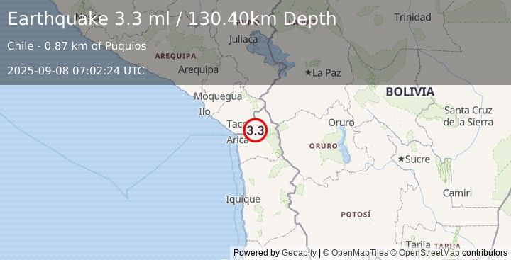 Earthquake TARAPACA, CHILE (3.3 ml) (2025-09-08 07:02:24 UTC)