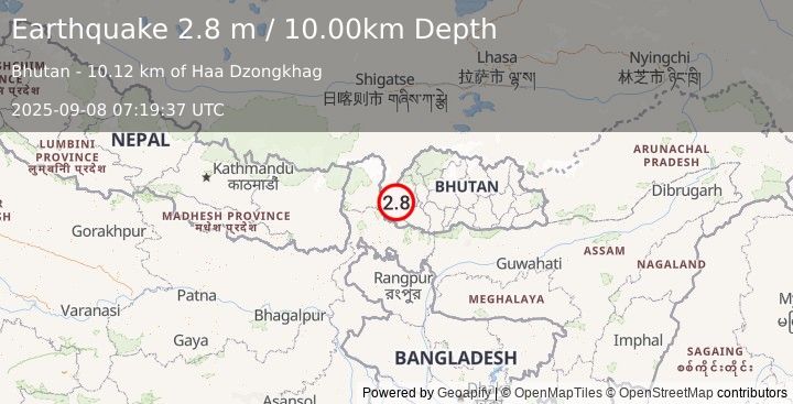 Earthquake BHUTAN (2.8 m) (2025-09-08 07:19:37 UTC)