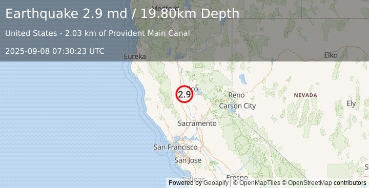 Earthquake NORTHERN CALIFORNIA (2.9 md) (2025-09-08 07:30:23 UTC)