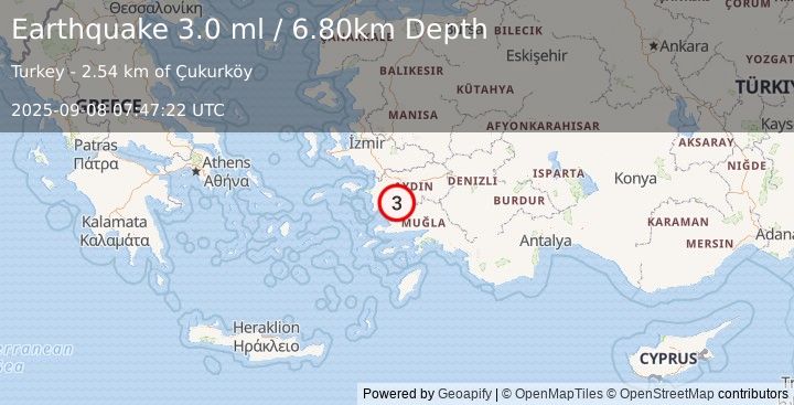 Earthquake WESTERN TURKEY (3.0 ml) (2025-09-08 07:47:22 UTC)