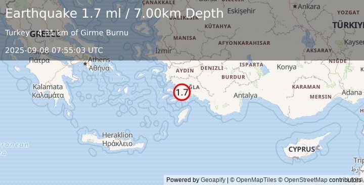 Earthquake DODECANESE IS.-TURKEY BORDER REG (1.7 ml) (2025-09-08 07:55:03 UTC)