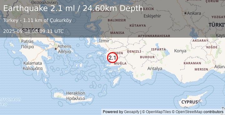 Earthquake WESTERN TURKEY (2.1 ml) (2025-09-08 08:09:11 UTC)