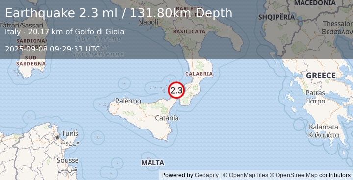 Earthquake SICILY, ITALY (2.3 ml) (2025-09-08 09:29:33 UTC)
