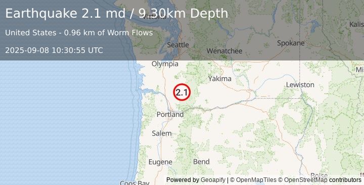 Earthquake MT. ST. HELENS AREA, WASHINGTON (2.1 md) (2025-09-08 10:30:55 UTC)