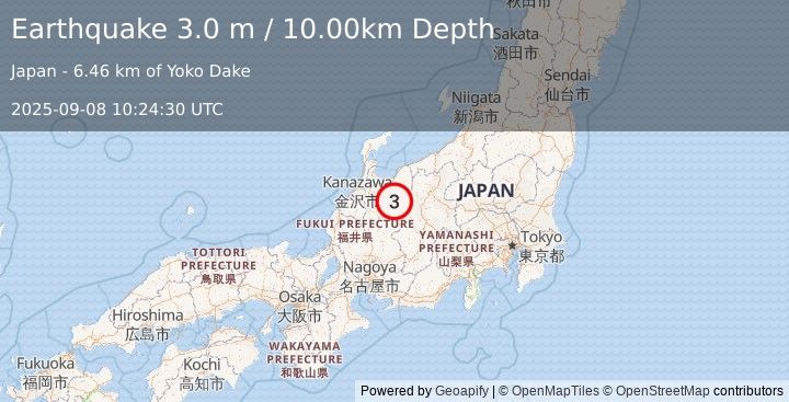 Earthquake EASTERN HONSHU, JAPAN (3.0 m) (2025-09-08 10:24:30 UTC)
