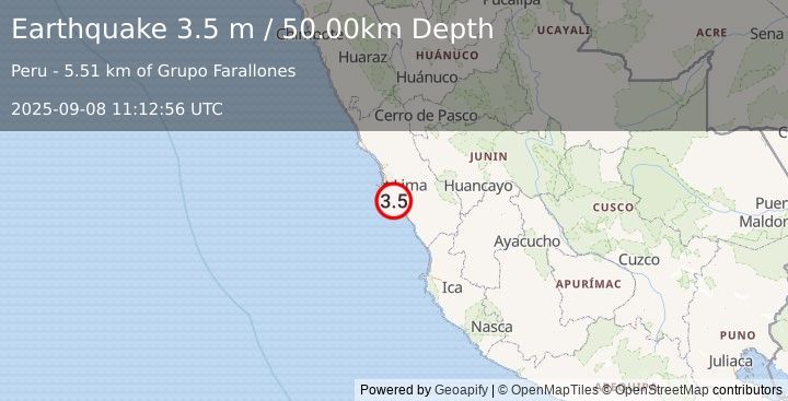 Earthquake NEAR COAST OF CENTRAL PERU (3.5 m) (2025-09-08 11:12:56 UTC)
