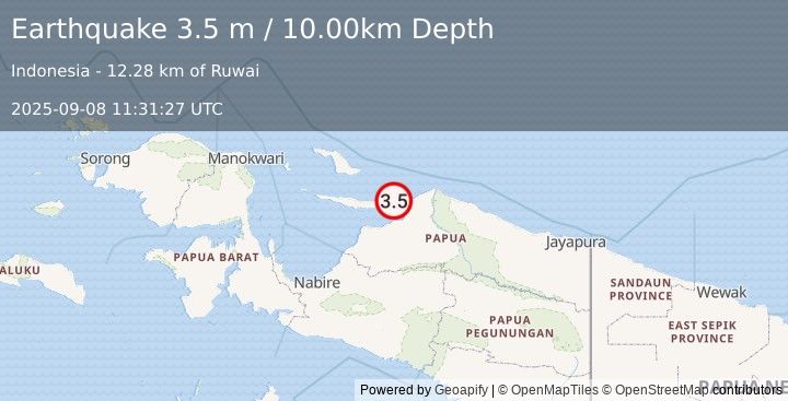 Earthquake NEAR N COAST OF PAPUA, INDONESIA (3.5 m) (2025-09-08 11:31:27 UTC)
