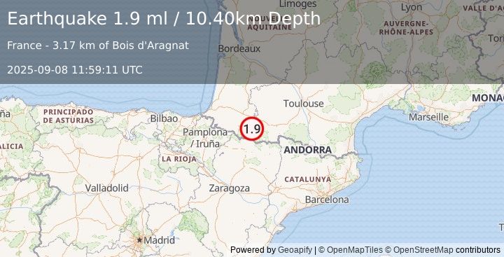Earthquake PYRENEES (1.9 ml) (2025-09-08 11:59:11 UTC)