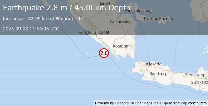 Earthquake SOUTHERN SUMATRA, INDONESIA (2.8 m) (2025-09-08 11:54:05 UTC)