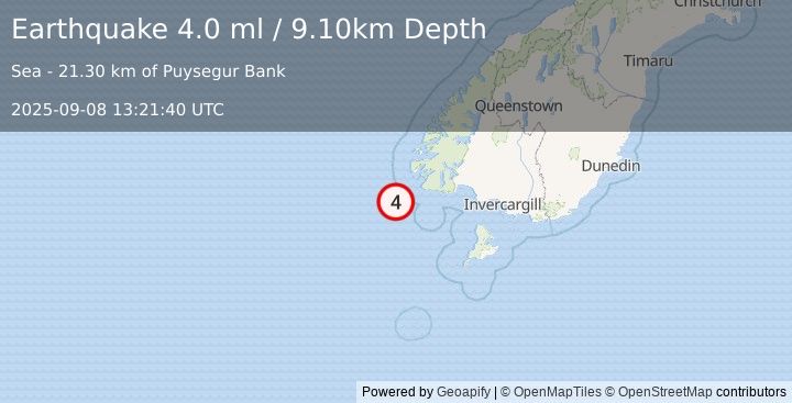 Earthquake OFF W. COAST OF S. ISLAND, N.Z. (4.0 ml) (2025-09-08 13:21:40 UTC)