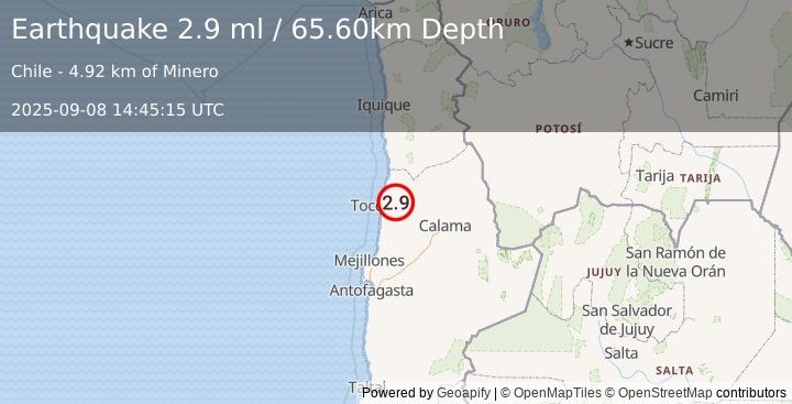 Earthquake ANTOFAGASTA, CHILE (3.2 ml) (2025-09-08 14:45:14 UTC)
