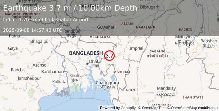 Earthquake INDIA-BANGLADESH BORDER REGION (3.7 m) (2025-09-08 14:57:43 UTC)