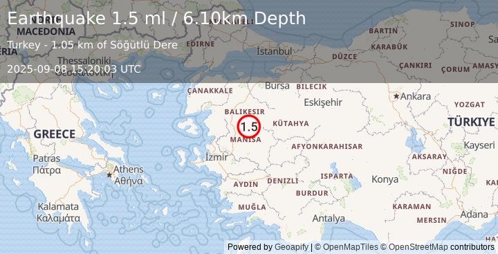 Earthquake WESTERN TURKEY (1.5 ml) (2025-09-08 15:20:03 UTC)