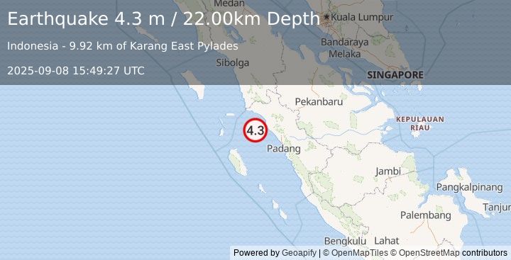 Earthquake SOUTHERN SUMATRA, INDONESIA (4.3 m) (2025-09-08 15:49:27 UTC)