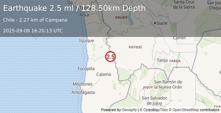 Earthquake ANTOFAGASTA, CHILE (2.5 ml) (2025-09-08 16:20:13 UTC)