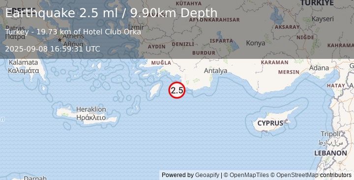 Earthquake DODECANESE IS.-TURKEY BORDER REG (2.5 ml) (2025-09-08 16:59:31 UTC)