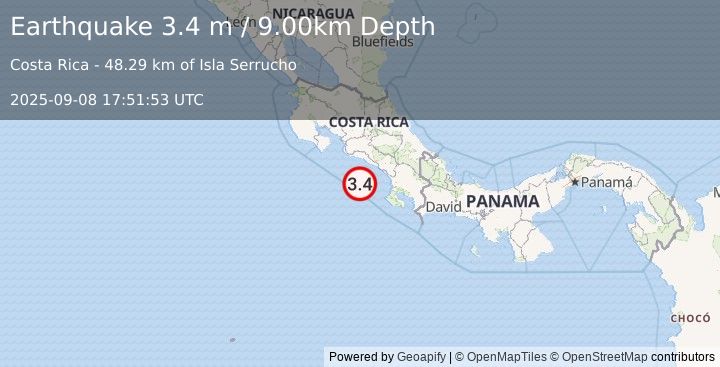 Earthquake OFF COAST OF COSTA RICA (3.4 m) (2025-09-08 17:51:53 UTC)