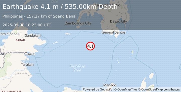 Earthquake CELEBES SEA (4.1 m) (2025-09-08 18:23:00 UTC)