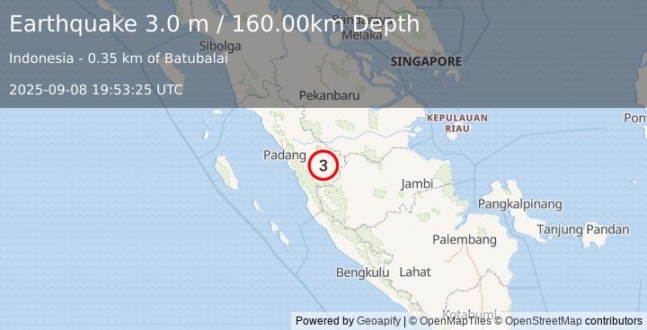 Earthquake SOUTHERN SUMATRA, INDONESIA (3.0 m) (2025-09-08 19:53:25 UTC)