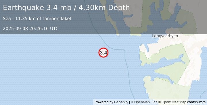 Earthquake SVALBARD REGION (3.4 mb) (2025-09-08 20:26:16 UTC)