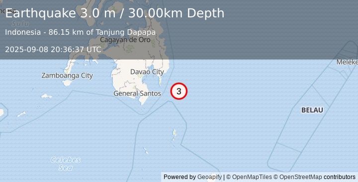 Earthquake PHILIPPINE ISLANDS REGION (3.0 m) (2025-09-08 20:36:37 UTC)