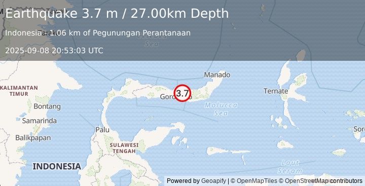Earthquake MINAHASA, SULAWESI, INDONESIA (3.7 m) (2025-09-08 20:53:03 UTC)