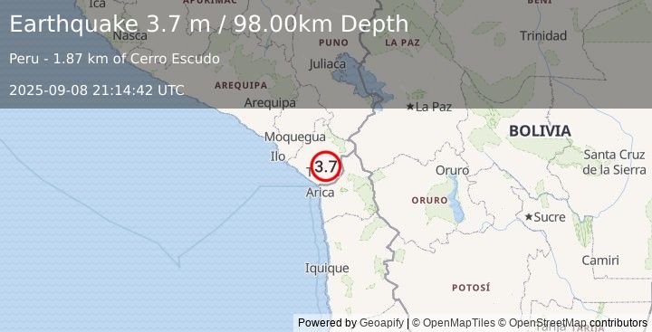 Earthquake SOUTHERN PERU (3.7 m) (2025-09-08 21:14:42 UTC)