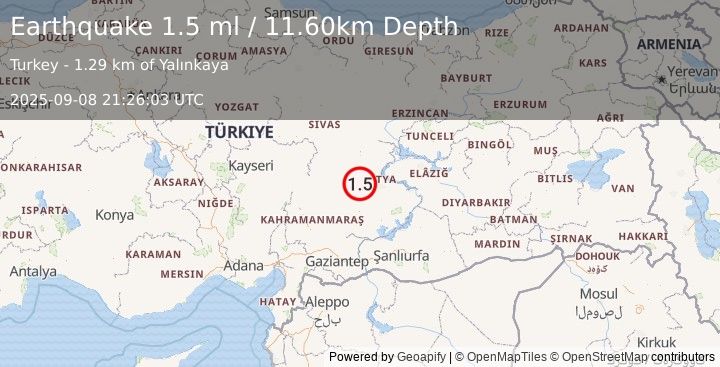 Earthquake CENTRAL TURKEY (1.5 ml) (2025-09-08 21:26:03 UTC)