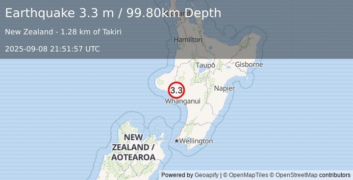 Earthquake NORTH ISLAND OF NEW ZEALAND (3.3 m) (2025-09-08 21:51:57 UTC)
