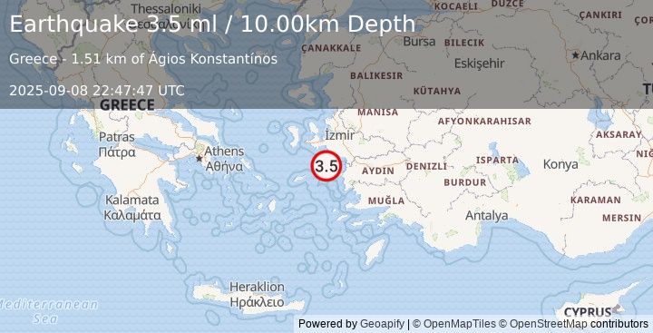 Earthquake DODECANESE ISLANDS, GREECE (3.5 ml) (2025-09-08 22:47:46 UTC)