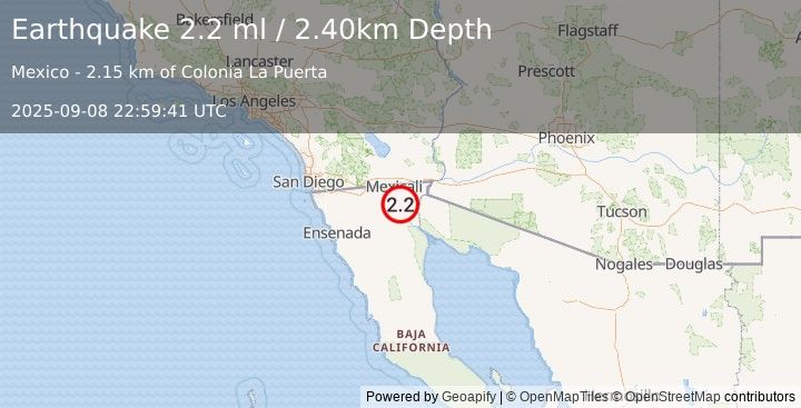Earthquake BAJA CALIFORNIA, MEXICO (2.2 ml) (2025-09-08 22:59:41 UTC)