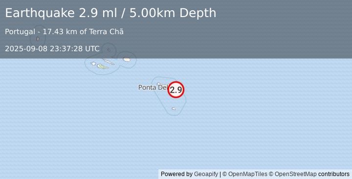 Earthquake AZORES ISLANDS REGION (2.9 ml) (2025-09-08 23:37:28 UTC)