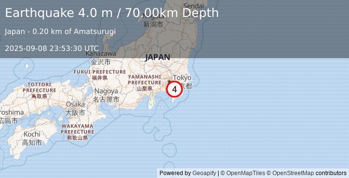Earthquake NEAR EAST COAST OF HONSHU, JAPAN (4.0 m) (2025-09-08 23:53:30 UTC)